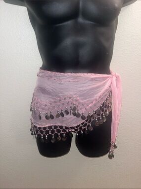 Pink Belly Dance Hip Scarf with Coin Fringe